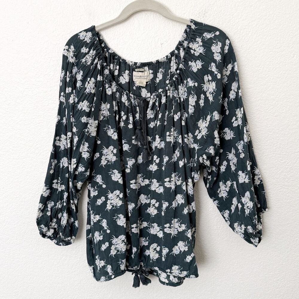 Ralph Lauren Denim & Supply Sz XL Green Floral Print Scoop Neck Boho Peasant Top